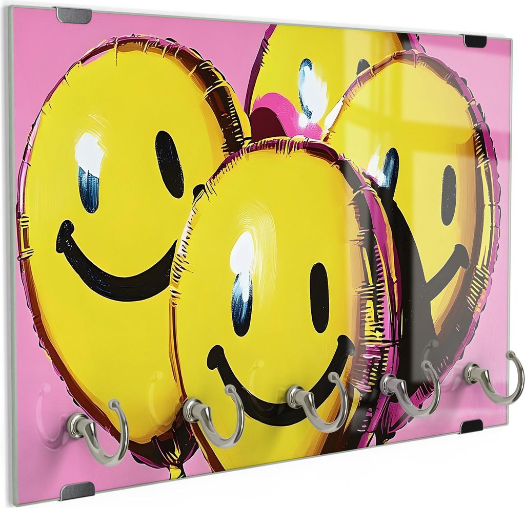 DEQORI Schlüsselbrett Glas 30x20 cm 'Smiley in der Luft' Schlüssel Halter Board Haken