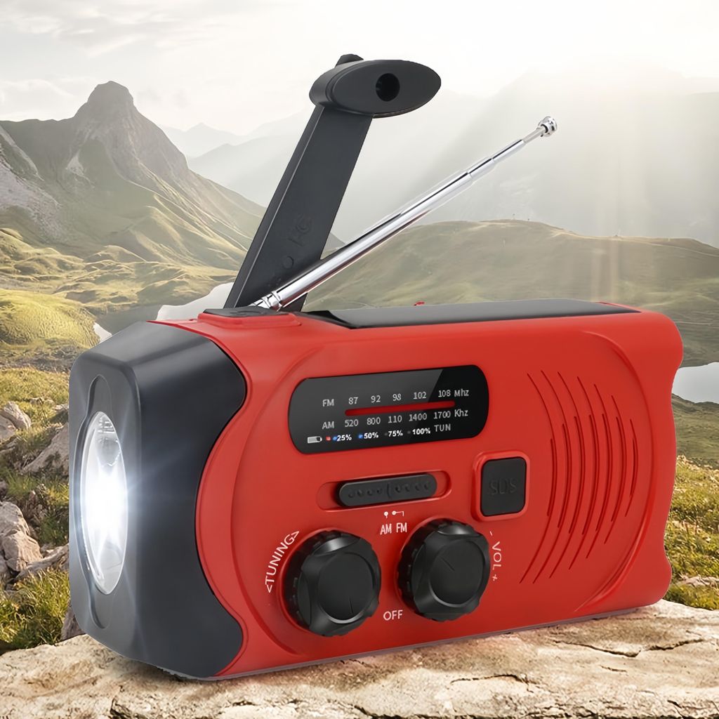Neues Kurbelradio,Solar radio mit LED-Taschenlampe,Notfallradio AM/FM Radio mit 2000-mAh-Akku,SOS Alarm,Wiederaufladbares Notfall & Outdoor-Radio,Rot