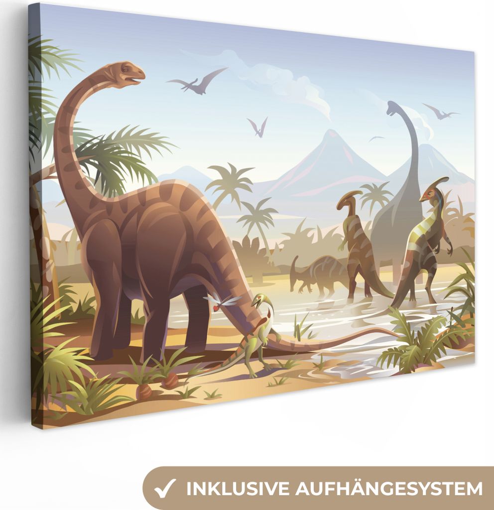 OneMillionCanvasses - Leinwandbilder - 150x100 cm, Dinosaurier - Landschaft - Tropisch - Kinder - Jungen, Wandbilder Kunstdruck Wanddekoration
