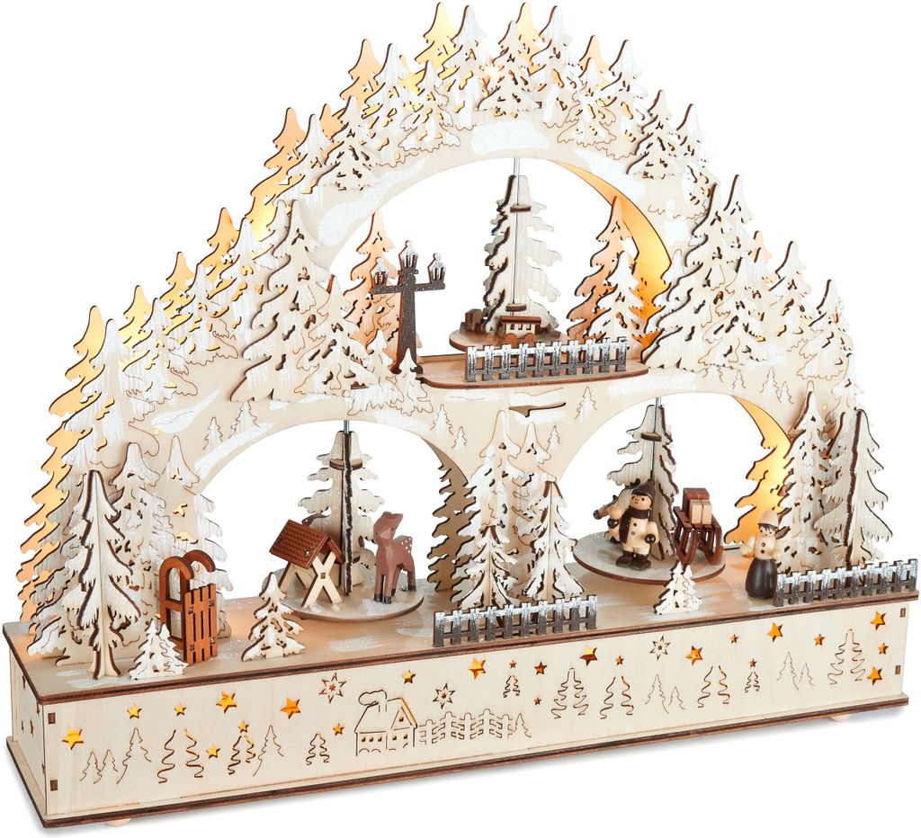 BRUBAKER 3D Lichterbogen - LED Schwibbogen - Winterlandschaft 2026 - Weihnachtsbeleuchtung aus Holz Natur - 37 x 46 x 10 cm - Handbemalte Figuren