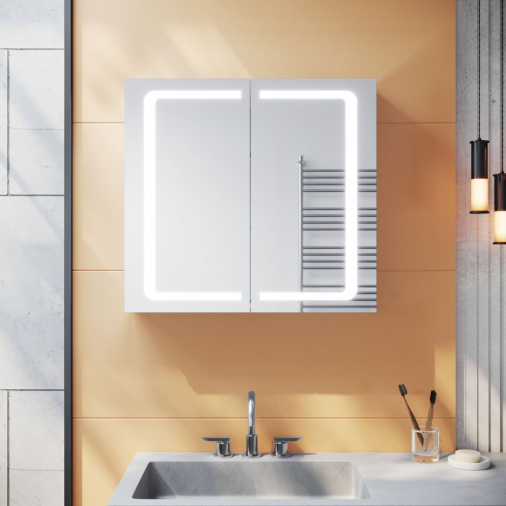 A modern bathroom vanity with a medicine cabinet above a sink.