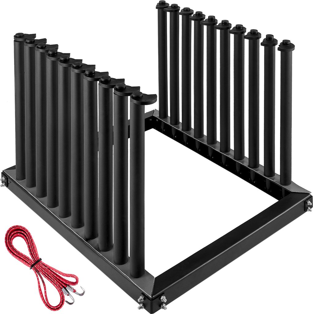 A black metal rack with multiple vertical slots, designed to hold items upright. A red rope with metal hooks is placed in the foreground.