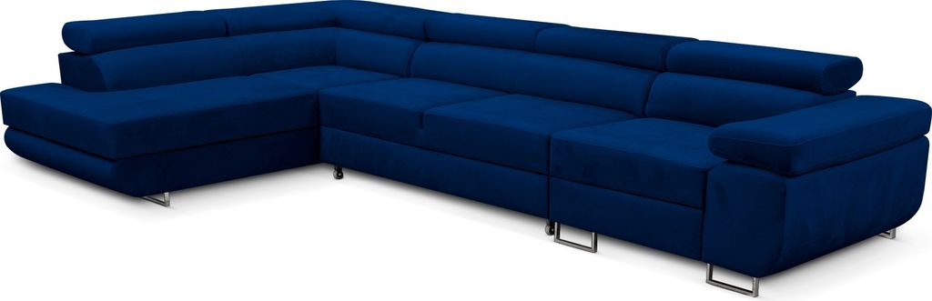 Ecksofa Miami Long Monolith 77-form mit Schlaffunktion und Bettkasten dunkelblau, Links Ottomane