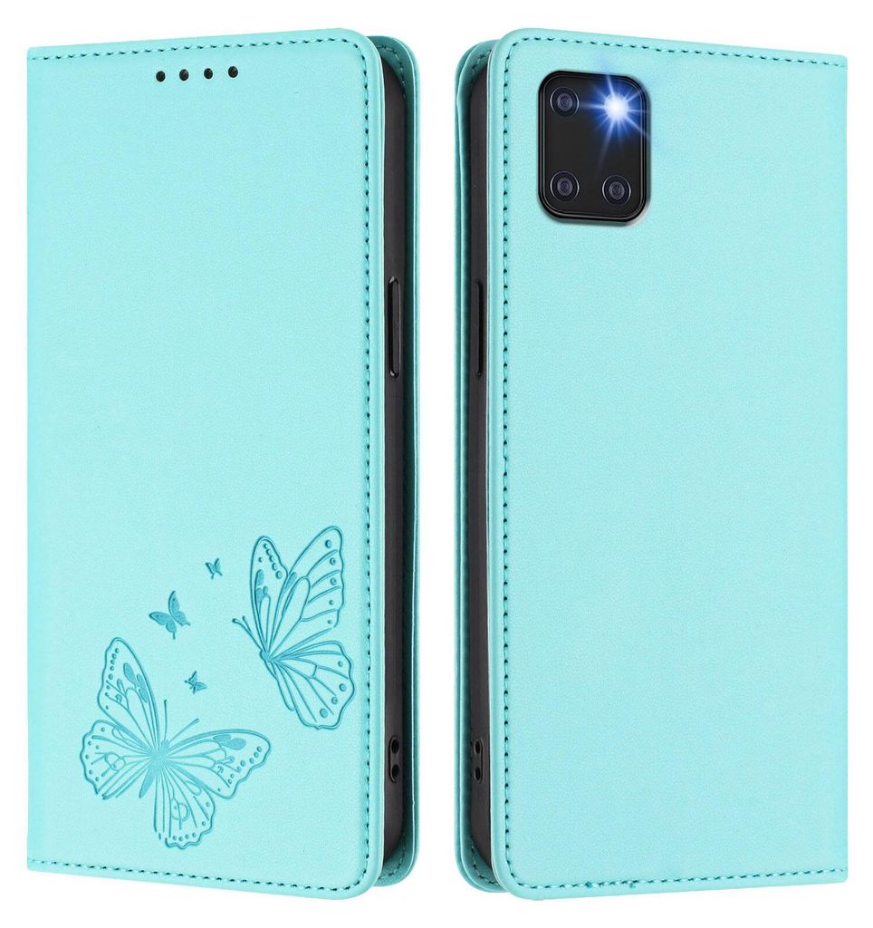 Lederhülle für Samsung Galaxy Note 10 Lite, Schmetterling Prägung Leder Brieftasche Schutzhülle mit Ständer Türkis