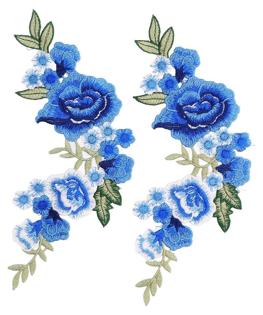2 Stück Blumenaufnäher mit blauem Rosenmuster, dekorative Polyesterseide, DIY-Bastelarbeiten zum Nähen und Sticken für T-Shirts und Taschen