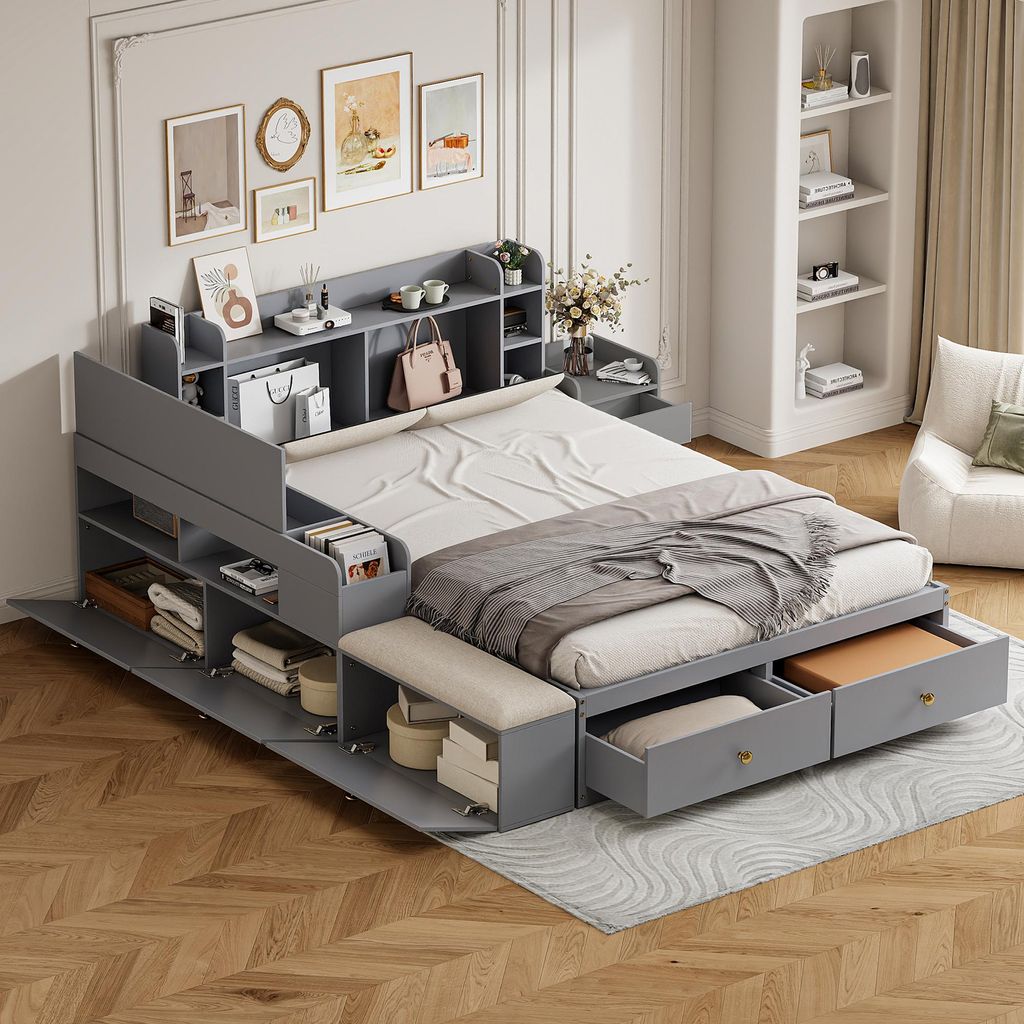 Massivholz-Kombi-Bett 140*200cm,mit Schubladen, mit Nachttisch, Stauraum-Langschrank, Sofabank, Stauraumbett Doppelbett Stauraumbett Tatamibett,Grau