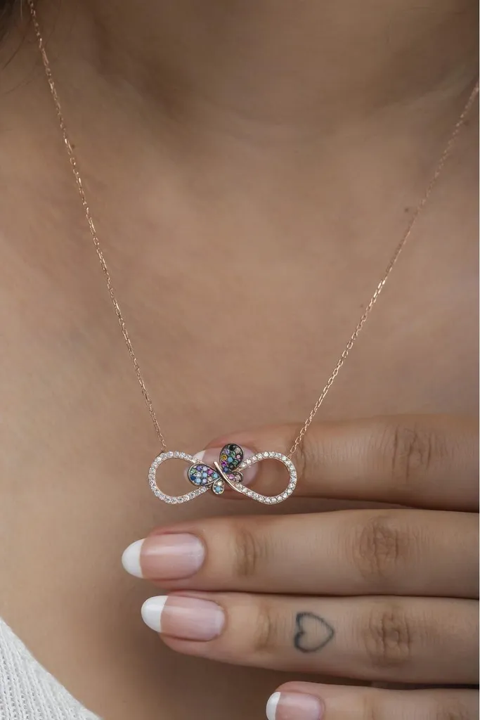 Collier Argent 925 Papillon Infini et Pierres de Couleur 45 cm