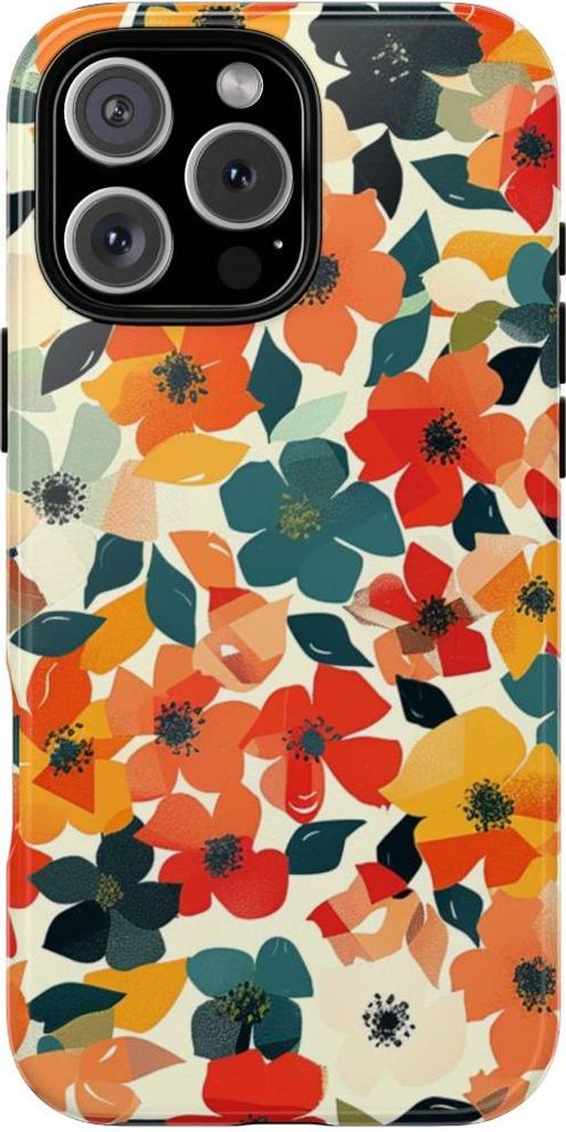 Lebhaftes Blumenmuster mit geometrischen Blättern – Hülle Kompatibel mit iPhone 16 Pro Max