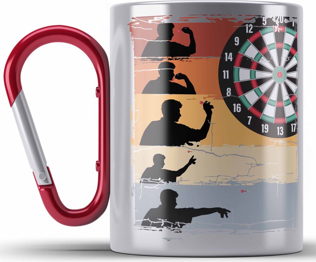 Trendation - Dart-Spieler Edelstahl Tasse Karabiner Dartpfeil Spruch Männer Dart-Spieler Geschenkidee Grafik (Rot)