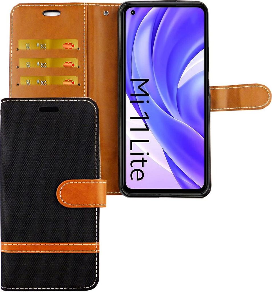 Xiaomi Mi 11 Lite Tasche Handy Hülle Schutz-Cover Flip-Case mit Kartenfach, Farbe:Jeasn Schwarz