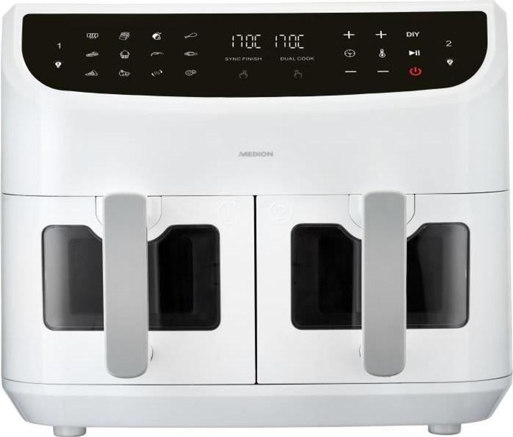 Heißluftfritteuse MEDION P20 XXL Twin, 2600 W, 2 x 4.35L Körbe, 9 Programme, Weiß