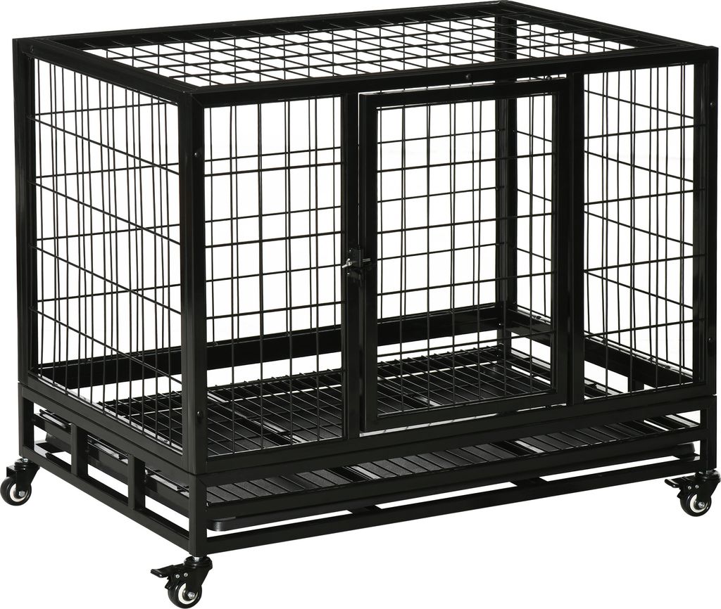 PawHut Metall-Hundekäfig mit Rädern und Bremsen, abnehmbares Tablett und Tür mit Riegel für Golden Retriver Labrador, 92 x 62 x 75 cm, Schwarz