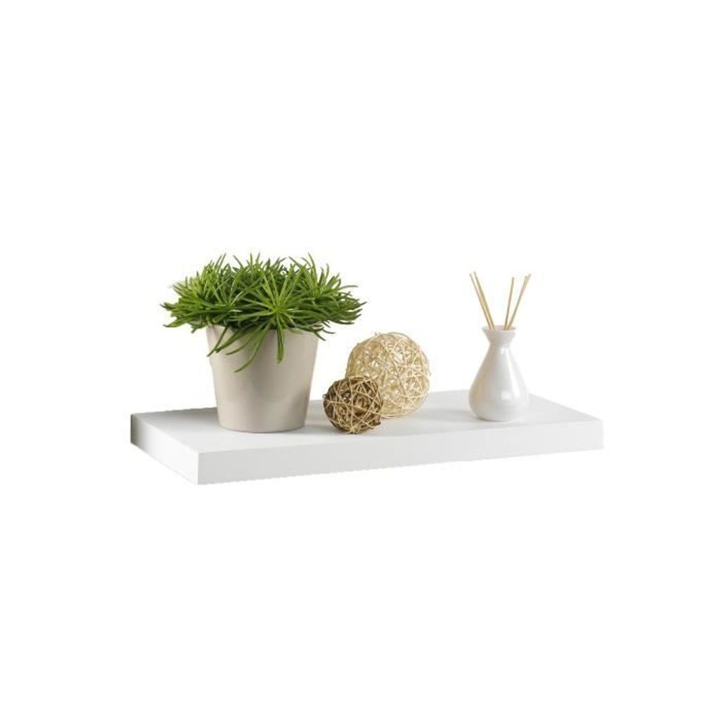 A white shelf with decorative items including a potted plant, two decorative balls, and a diffuser.