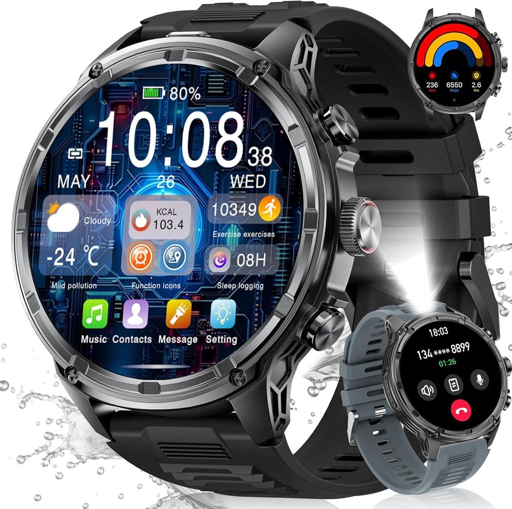 LIGE Herren-Smartwatch mit LED-Taschenlampe – 1,85 Zoll HD-Display, 710 mAh Akku, Telefonfunktion & 100+ Sportmodi – Fitnessuhr für Android & iOS