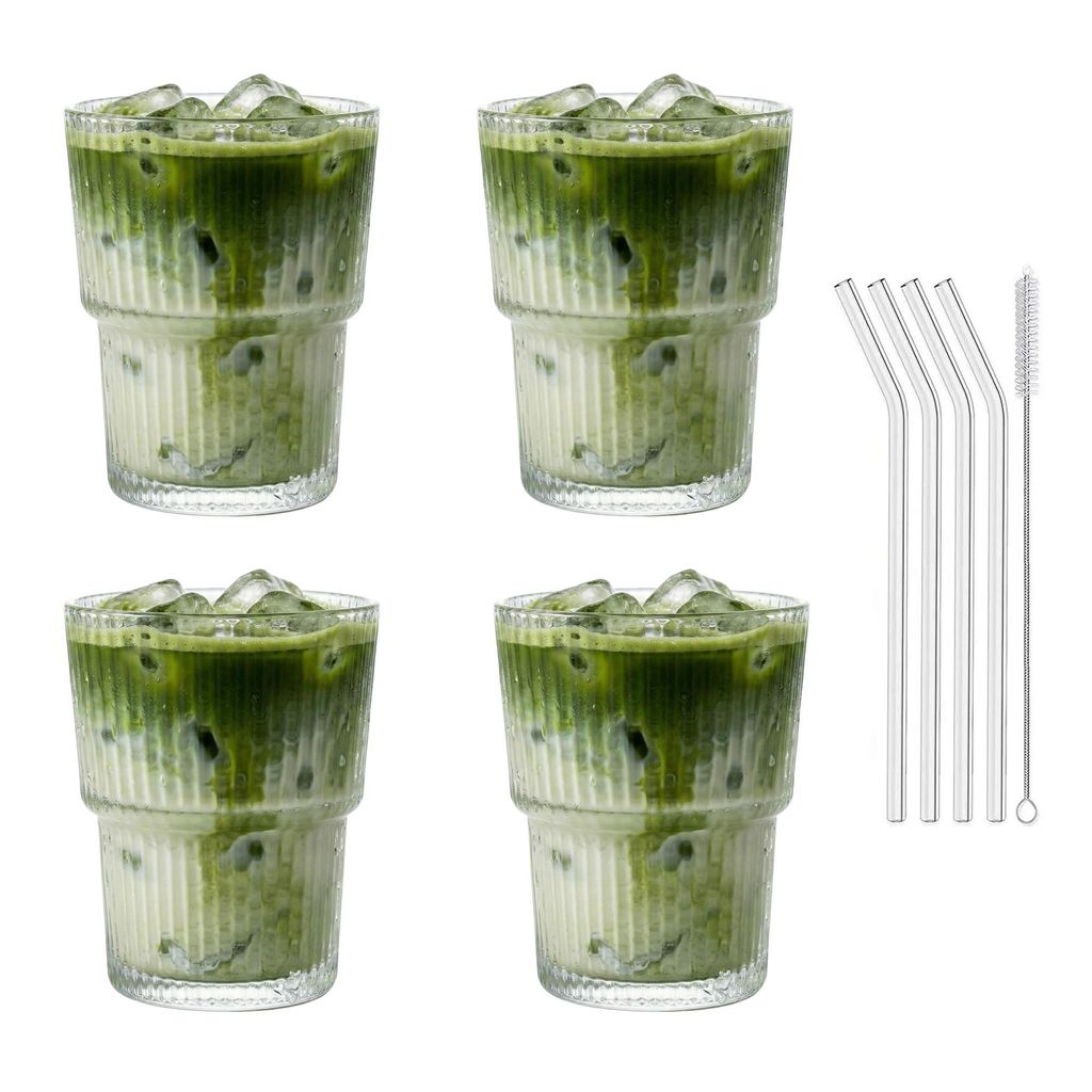 4er Set Geriffelte Trinkgläser 350ml inkl. Glashalme und Reinigungsbürstchen - ideal für Iced Matcha Latte, Latte Macchiato, Smoothies, Cocktails