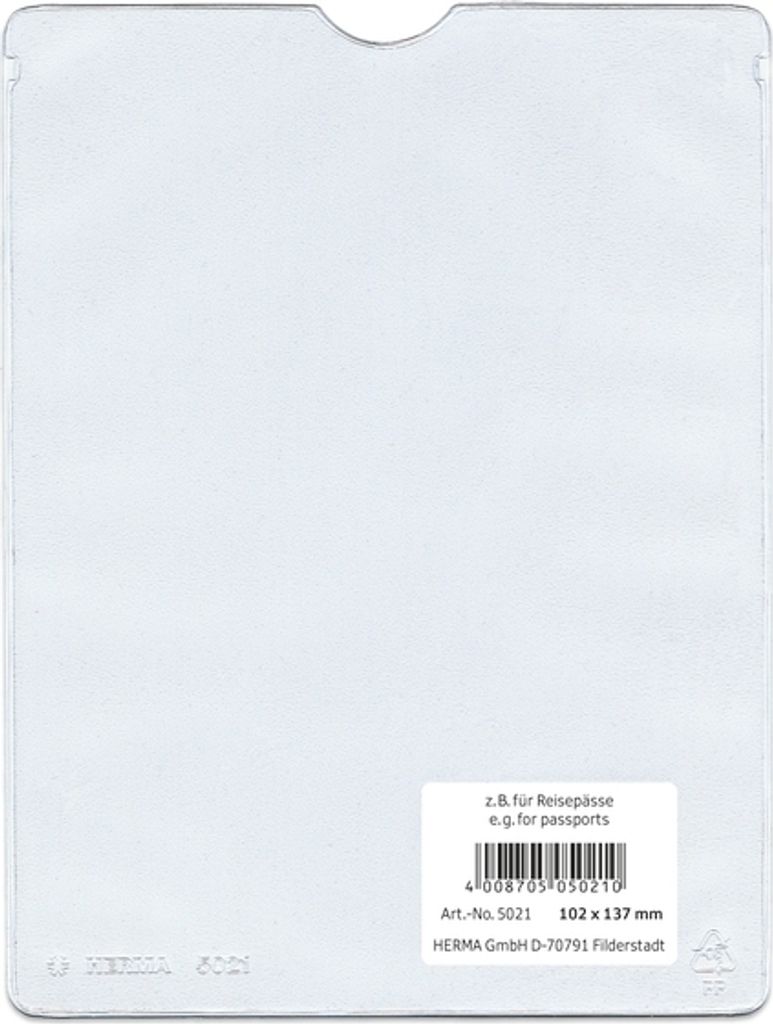 A clear plastic sleeve for passports or similar documents, with a label indicating its purpose and specifications.