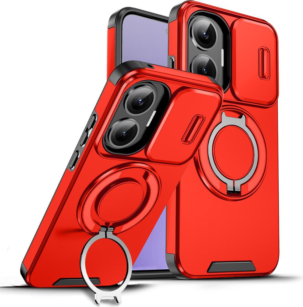 Two red phone cases with camera protection and ring stands are displayed against a white background.
