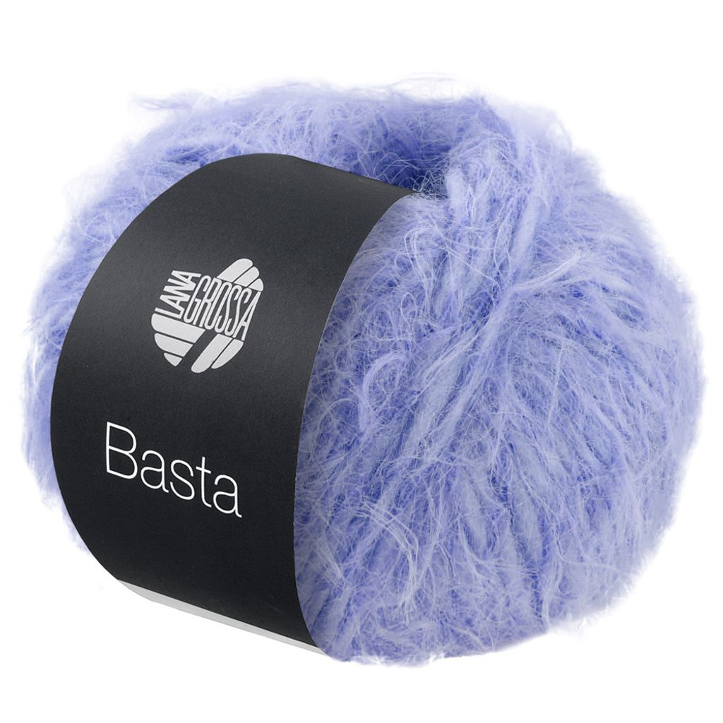A ball of fluffy purple yarn with a black label.