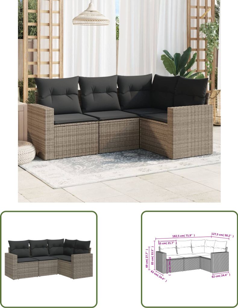 The Living Store 4-tlg. Garten-Sofagarnitur mit Kissen Grau Poly Rattan