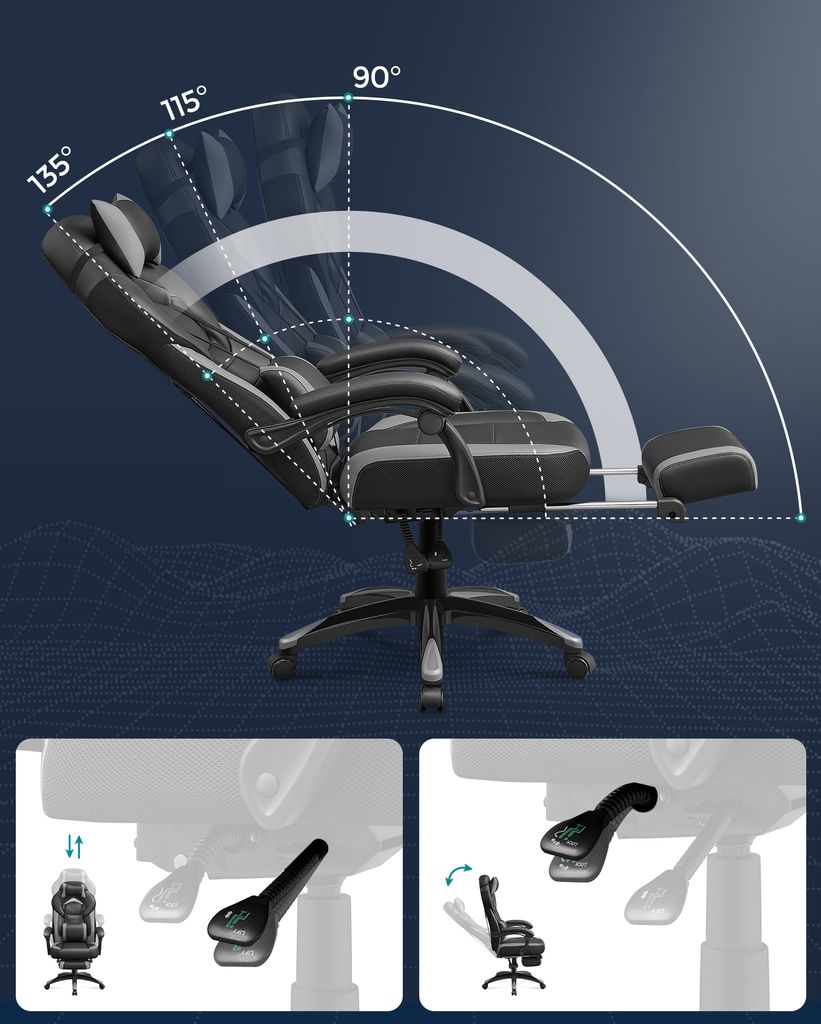 SONGMICS Gaming-Stuhl, Bürostuhl, höhenverstellbar, Grau Produktbild 4