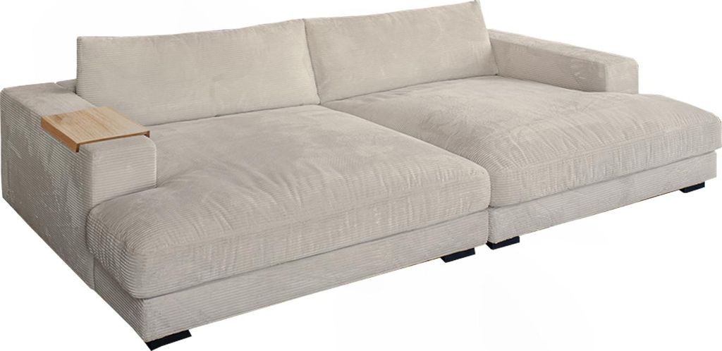 KAWOLA Big Sofa MADELINE mit Holztablett natur für Armlehne Cord cremeweiß