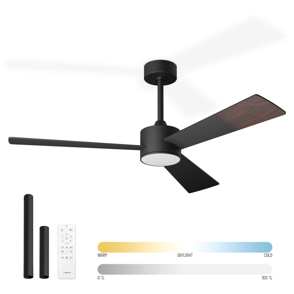 A modern black ceiling fan with wooden accents and an integrated light, shown with accessories and color temperature/brightness sliders.