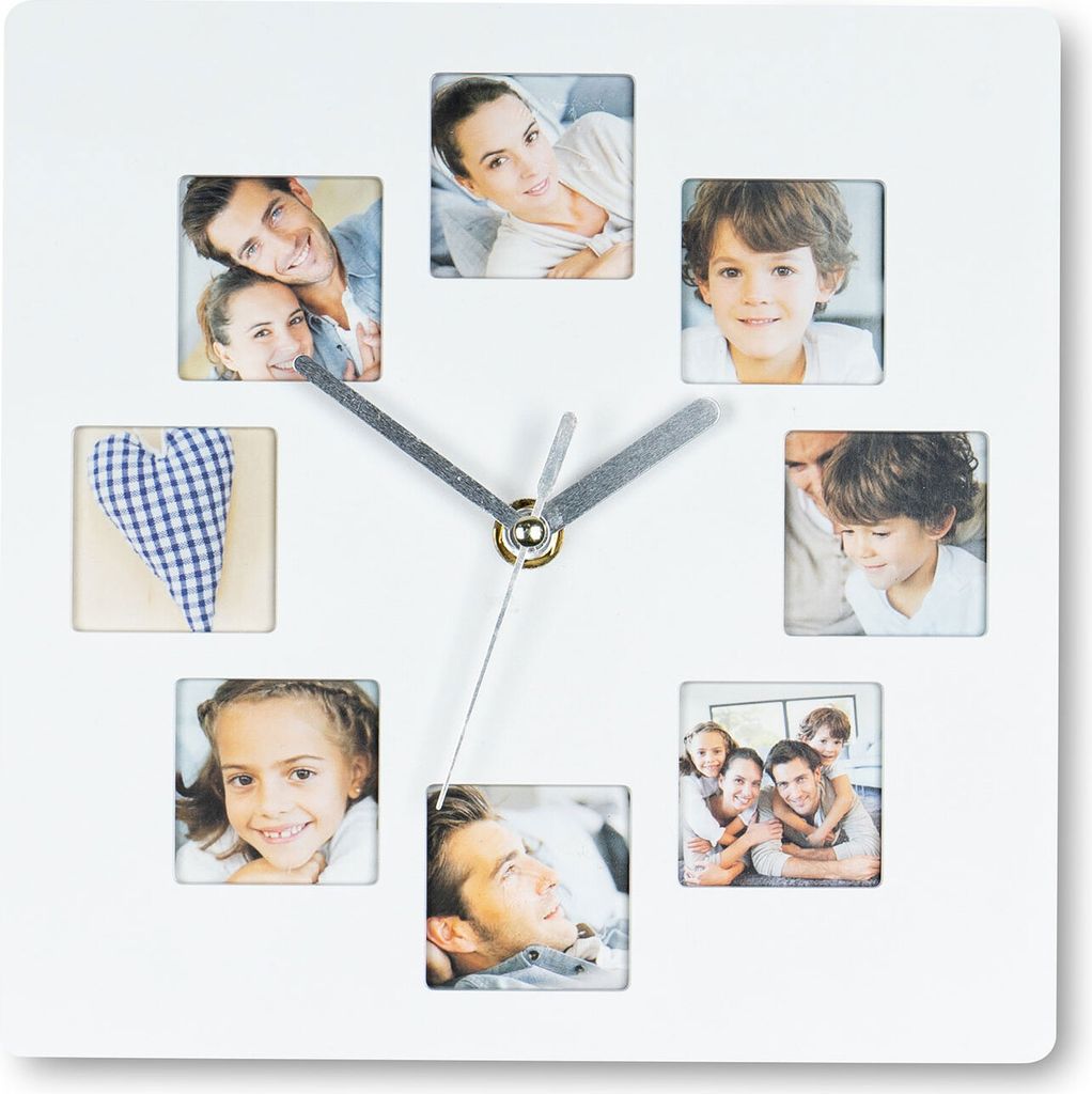 Wanduhr Weiß 21x21cm Fotouhr 8 Fotos Bilder Bilderrahmen Fotorahmen Küchenuhr