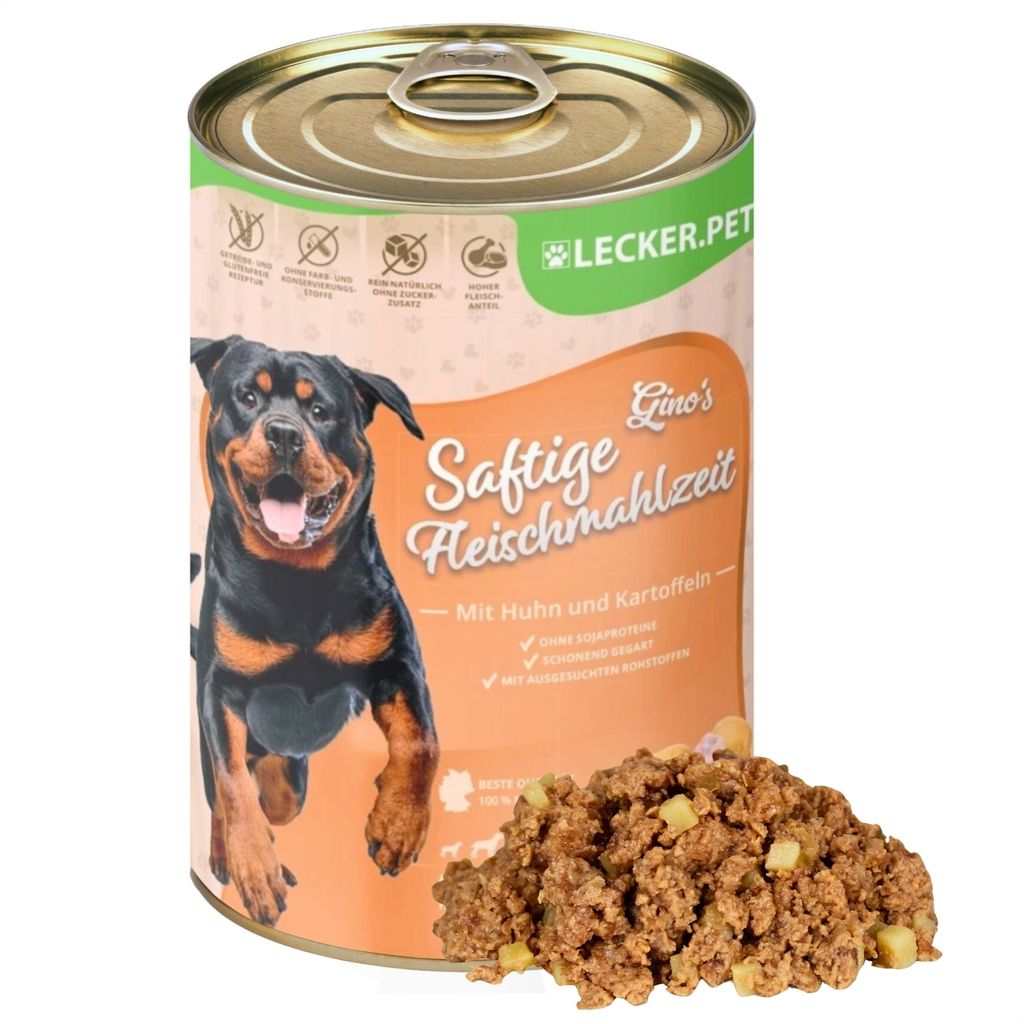 24 x 400 g Lecker.Pet Gino's Saftige Fleischmahlzeit mit Huhn & Kartoffeln Hundefutter Nassfutter
