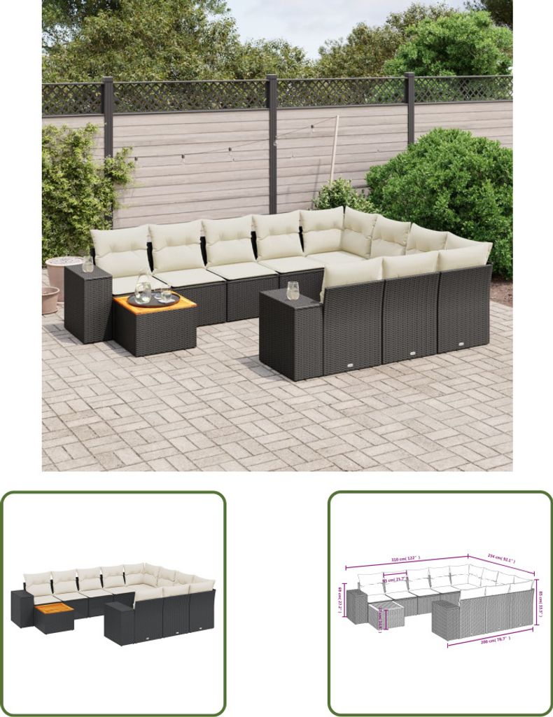 The Living Store 11-tlg. Garten-Sofagarnitur mit Kissen Schwarz Poly Rattan