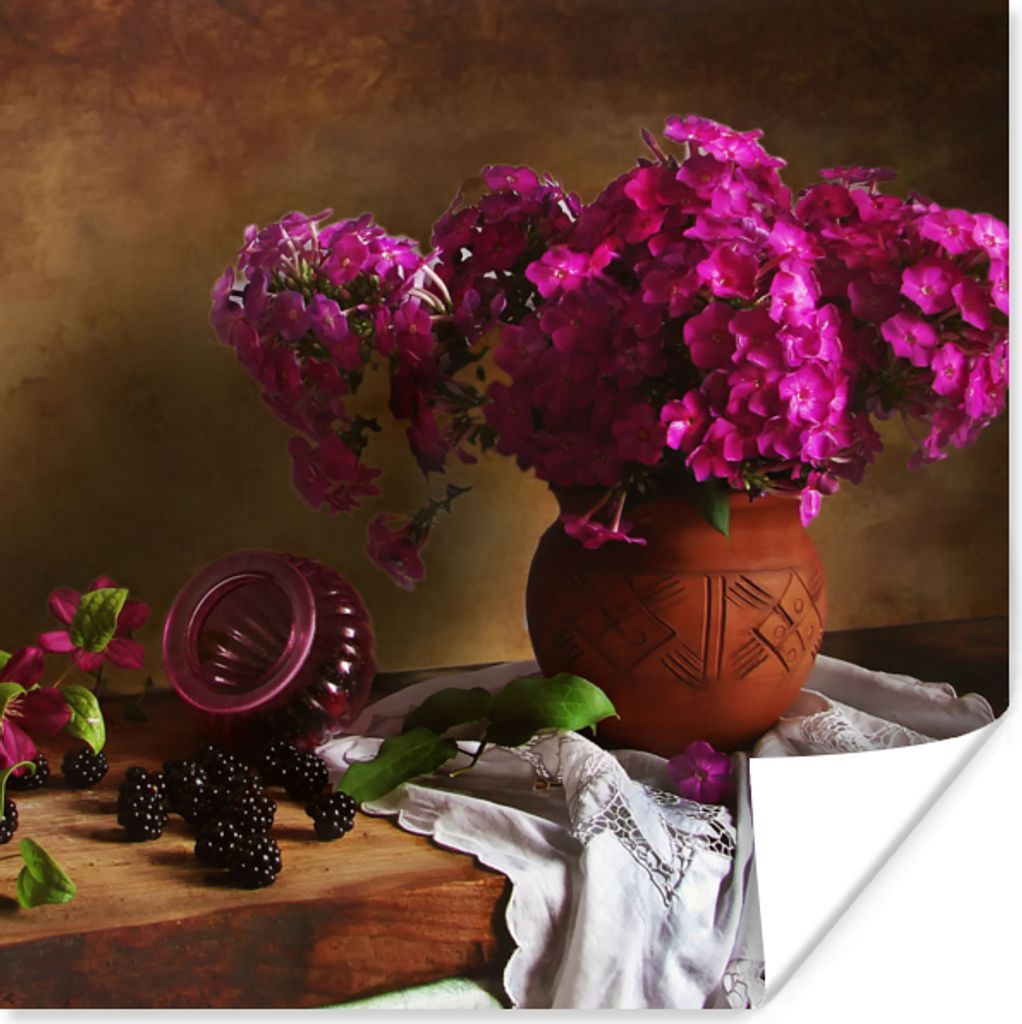 MuchoWow Poster Rustikal - Blumen - Rosa - Vase - Stilleben 75x75 cm - Wand Dekoration