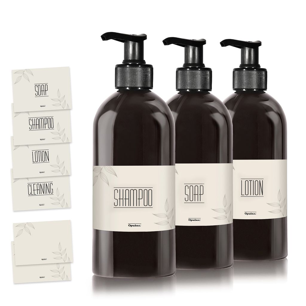Oputec 3 x 500ml Seifenspender aus Kunststoff schwarz + Etiketten: Shampoo-Flaschen zum Befüllen, als Duschgel-Spender, Pumpspender - Küche Badez...