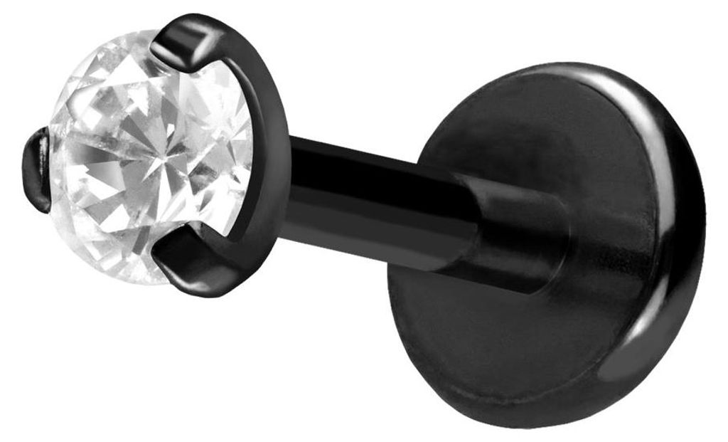 Ohrpiercing, Nasenpiercing Titan Labret mit Push Fit EINGEFASSTER KRISTALL Schwarz Stablänge: 7mm | Stabstärke: 1mm | Kristallgröße: 2,5mm