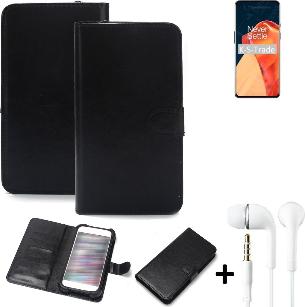 K-S-Trade Wallet Case Handyhülle kompatibel mit OnePlus 9 Schutzhülle Flip cover Flipstyle Tasche Hülle Flipcover Slim Bumper schwarz + in ear