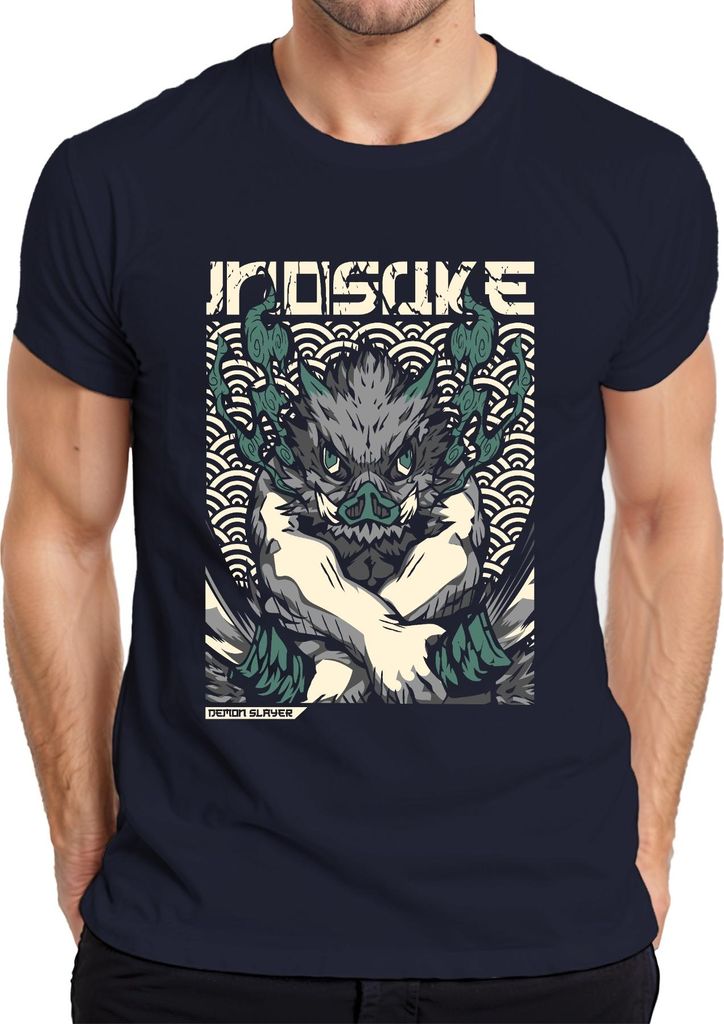 Inosuke Demon Slayer Wildschwein Maske Anime Geschenk Japan Y2K Streetwear Herren T-Shirt, Navy, XXL