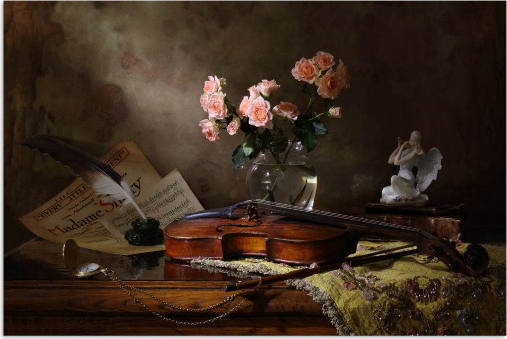 MuchoWow Poster Violine - Rosen - Rosa - Blumen - Stilleben 90x60 cm - Schlafzimmer