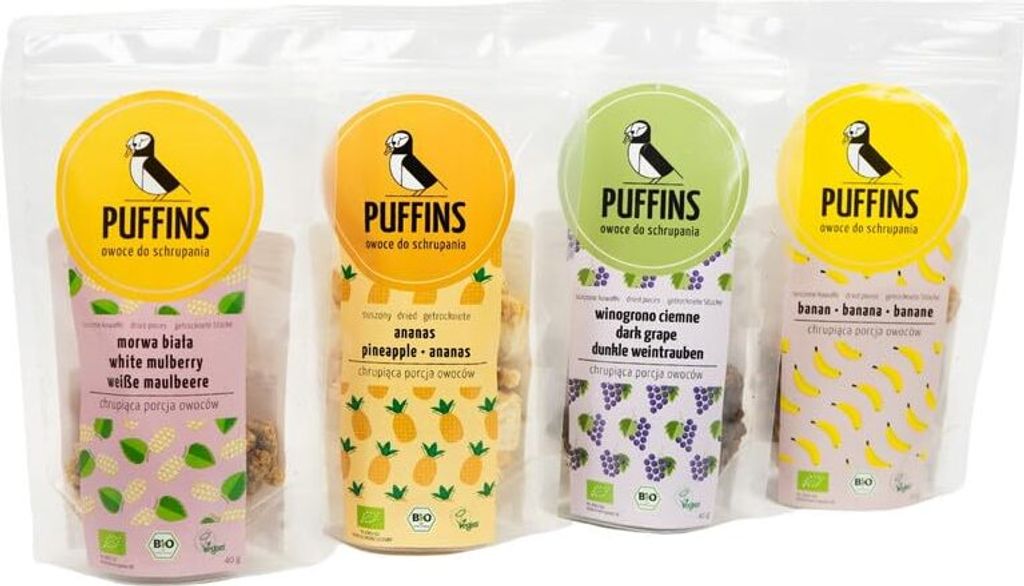 PUFFINS Getrocknete Früchte Trockenobst Maulbeere Weintraube Ananas Banane 4x40g