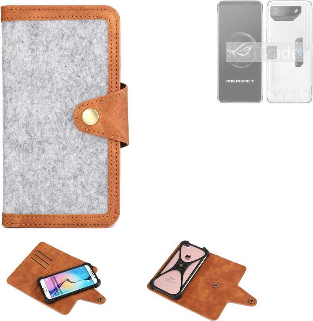 K-S-Trade Handyhülle kompatibel mit Asus ROG Phone 7 Ultimate Schutzhülle Filz-Hülle Kunst-Leder hellgrau braun (1x)