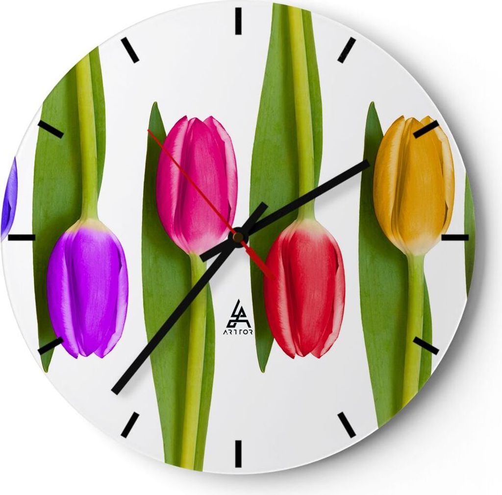 Wanduhr - Rund - Glasuhr - Tulpe Blume Garten Komposition - 40x40cm - Schleichendes Uhrwerk - Lautlos - zum Aufhängen bereit - Dekoration Modern -...