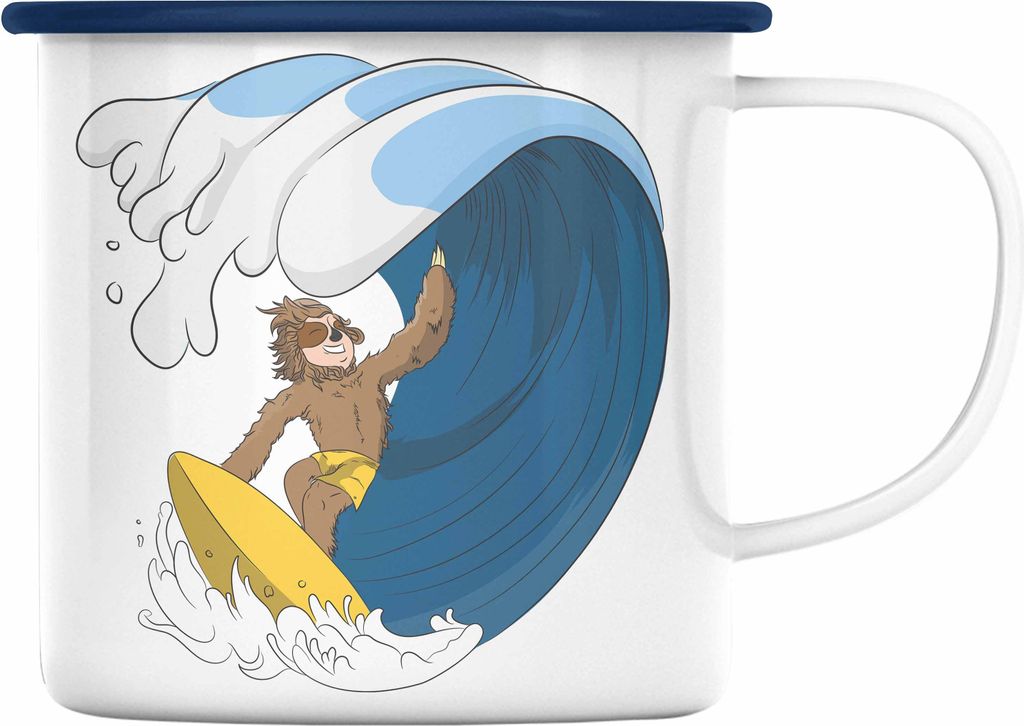 Trendation - Coole Faultier Emaille Tasse Geschenk Welle Geschenkidee Mädchen Jungs Coole Grafik (Blau)