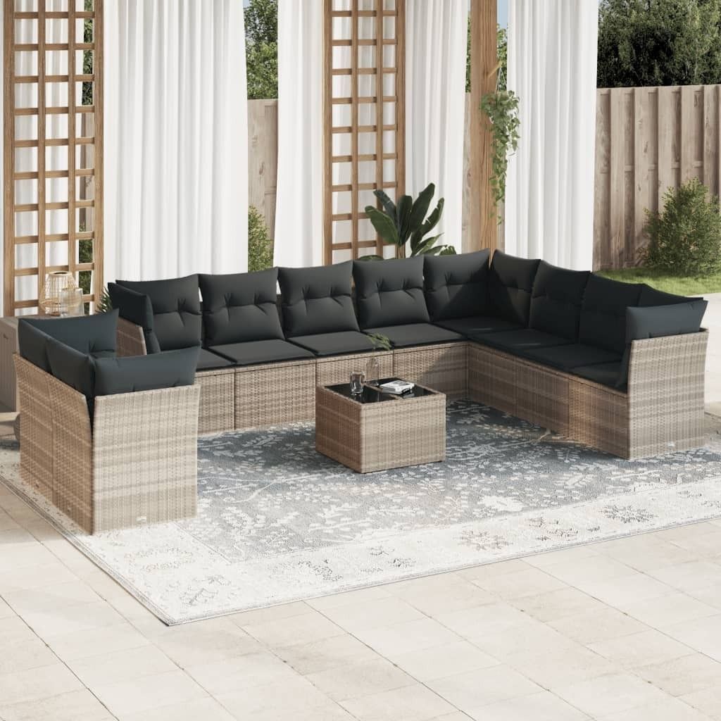 "2026 Promotion" 11-tlg. Garten-Sofagarnitur/Terrassenmöbel - mit Kissen - Hellgrau Poly Rattan - Gartenmöbelset CC12552