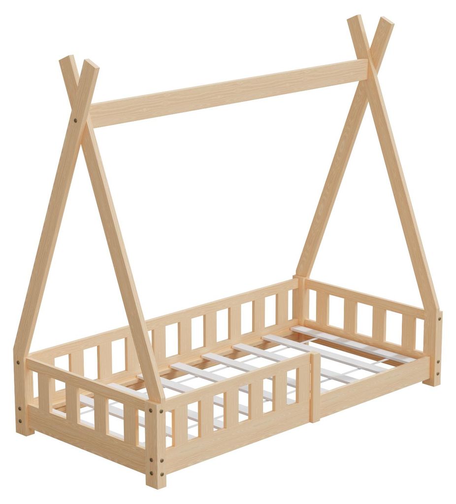 HAGO24 Kinderbett 160x80cm Natur Tipi Bettgestell Holzhaus Zeltoptik Rausfallschutz Lattenrost Kiefernholz Dekorierbar Montessori Stil Spielbett