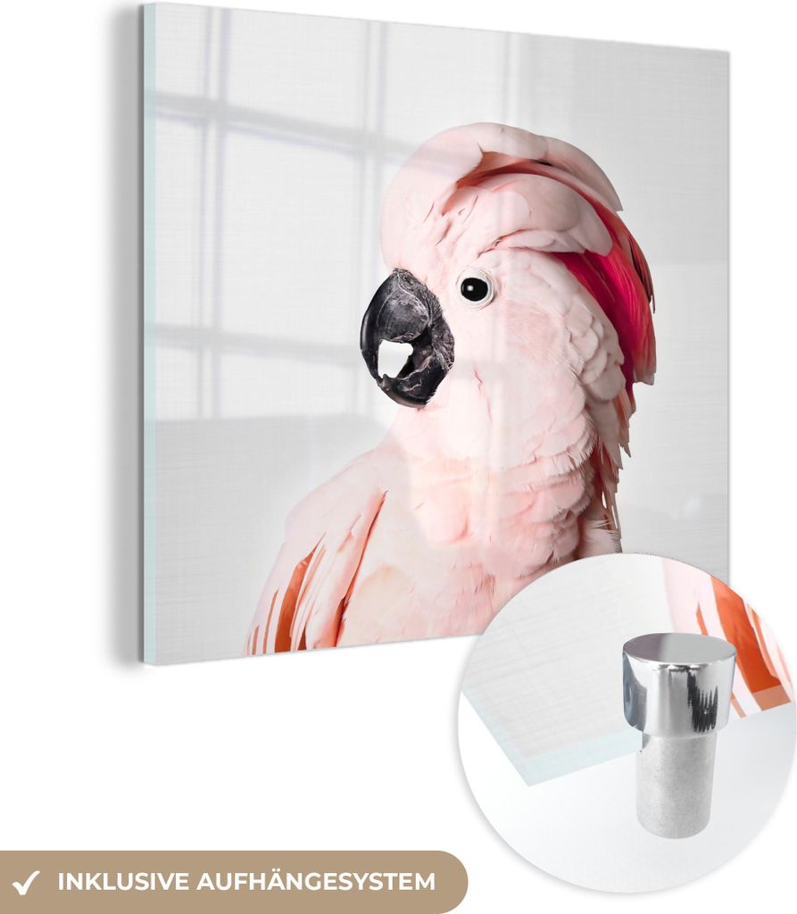 MuchoWow Glasbilder - Bilder auf Wandbild - Foto auf Glas Kakadu - Rosa - Tiere - Natur 20x20 cm Wanddekoration aus Glas - Acrylglasbild - Acrylbil...