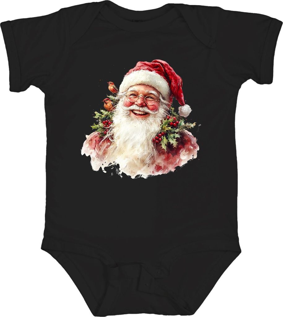 Weihnachtsmann Aquarell Vintage Stechpalme Rotkehlchen Geschenk Unisex Baby Body, Schwarz, 0/3