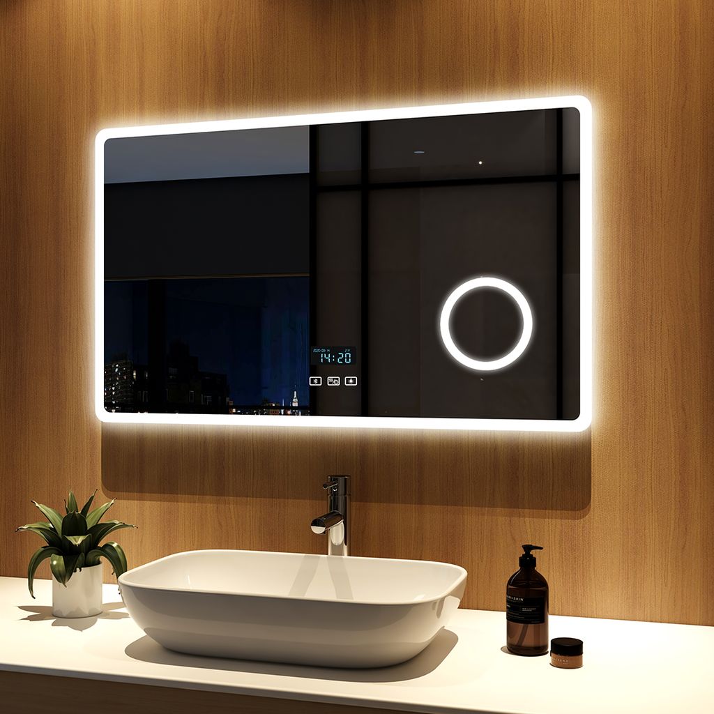 meykoers led badspiegel 100x60cm beleuchtung badezimmerspiegel wandspiegel  mit bluetooth 4.1 lautsprecher, touch-schalter mit 3 lichtfarbe 3000-6500k,