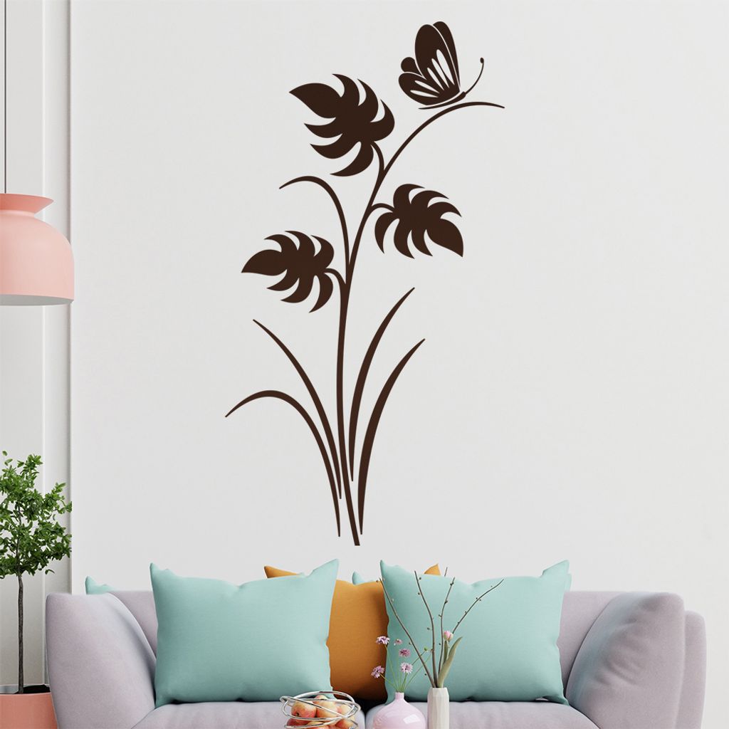 Schmetterling auf Pflanze Wandtattoo in 6 Größen - Wandaufkleber Wall Sticker - Dekoration, Küche, Wohnzimmer, Schlafzimmer, Badezimmer