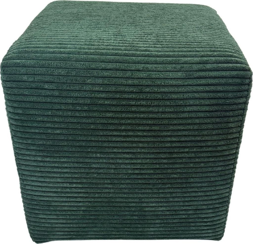 A dark green corduroy ottoman is shown from the front against a white background.