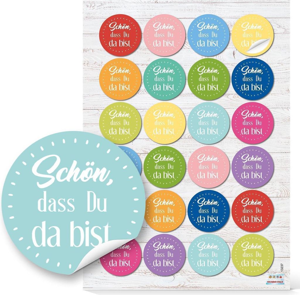 24 runde Aufkleber bunt rosa gelb blau grün SCHÖN DASS DU DA BIST 4 cm Sticker Etiketten für Hochzeit Taufe Kommunion Geburtstag Gastgeschenke g...