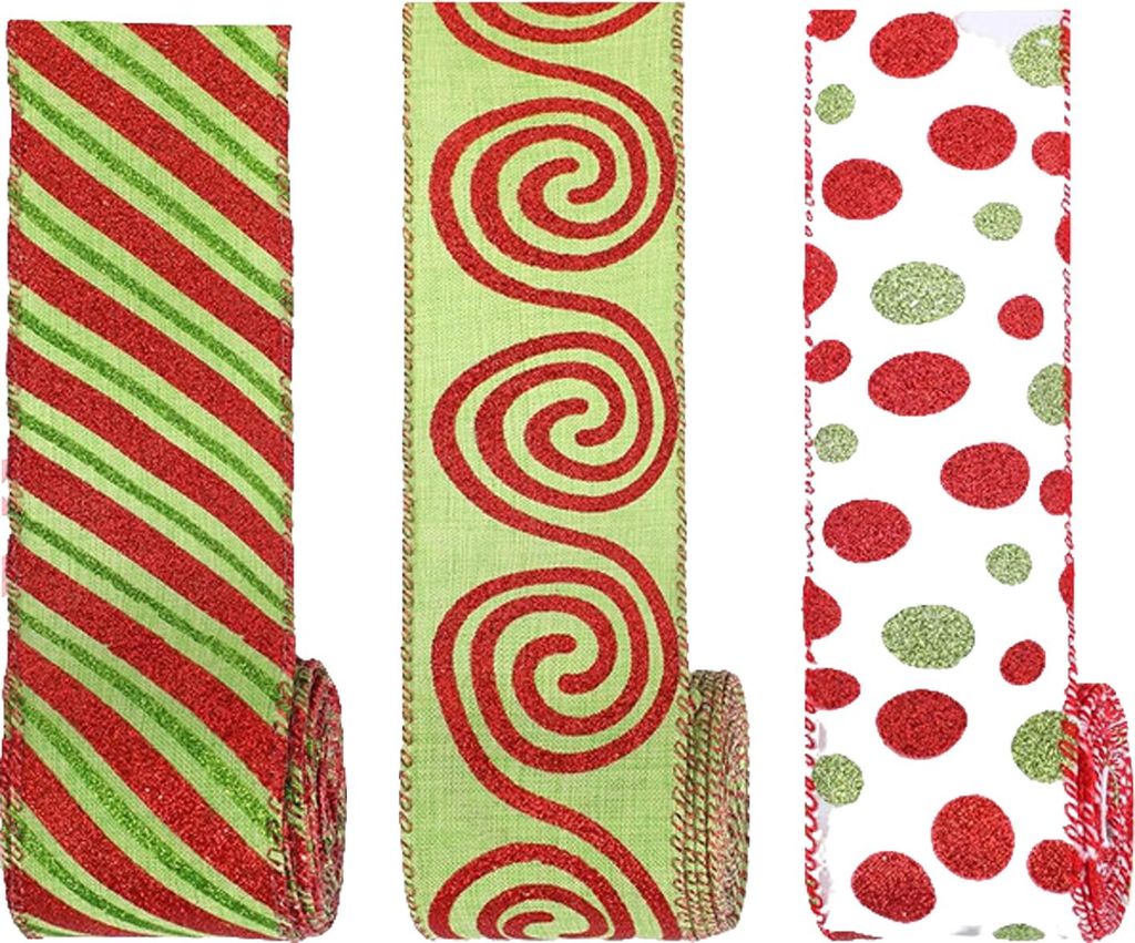 Yards (ca. 4,5 m) langes, verstärktes Weihnachtsband (6,3 cm breit), rot-grün gepunktet/gestreift/wirbelt, ideal zum Verpacken von Weihnachtskrä...