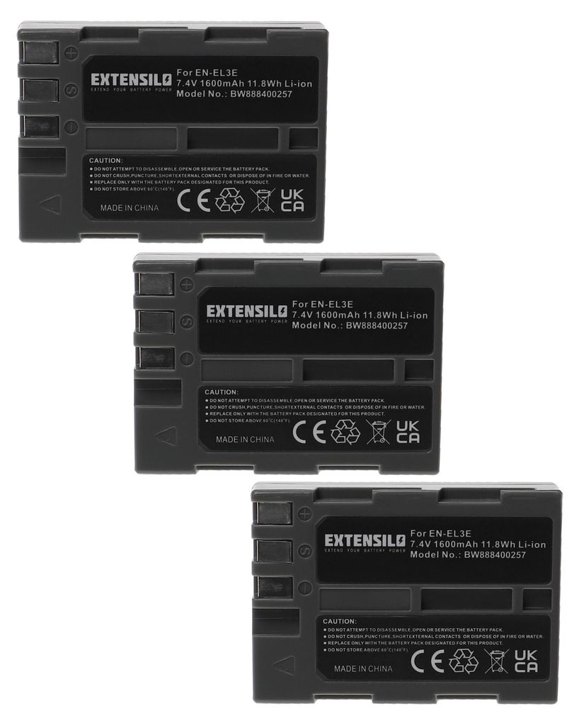 EXTENSILO 3x Akku kompatibel mit Nikon D300, D200, D300s, D700, D70, D50, D100, D70s, D90, D80, D900 Kamera (1600 mAh, 7,4 V, Li-Ion)