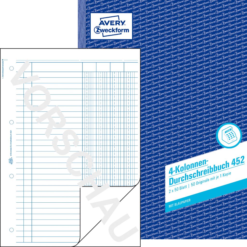 Avery Zweckform 452, Kolonnen-Durchschreibbuch, 4 Kolonnen, Produktbild 